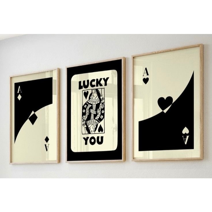 Quadros Decorativos Cartas de Baralho As de Copas e Ouro Lucky You Luxo (3 peças)