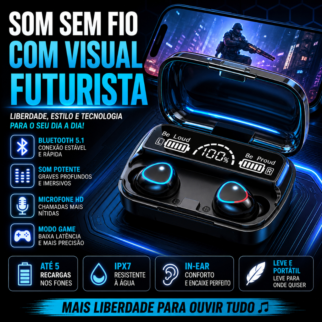Fone Bluetooth M10 Sem Fio Display Digital Powerbank Gamer Bluetooth 5.1 TWS IPX7