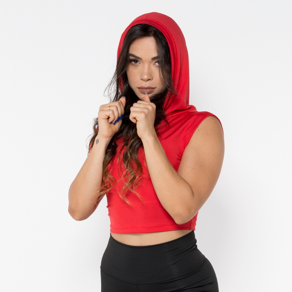 Blusa Cropped com Capuz Manga Curta Colete Feminino Treino Liso Cores Diversas (INDY)