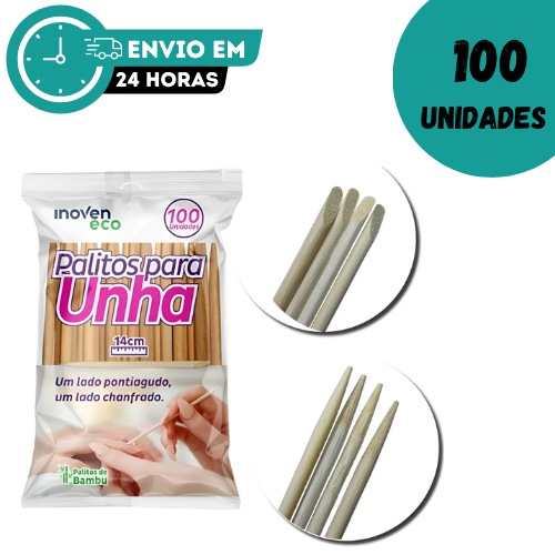 Palitos para Unhas Manicure Bambu 2 pontas Pontiagudo E Chanfrado  pacote com 100un Inoven