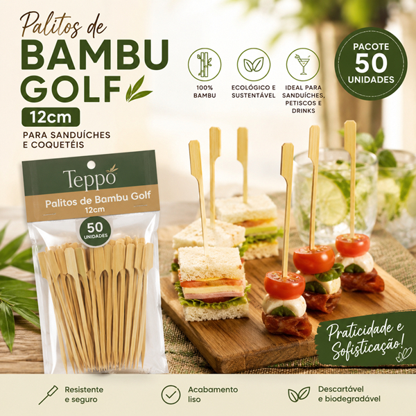 Palitos de Bambu Golf 12cm para Sanduíches Coquetéis Teppo Pacote 50 Unidades