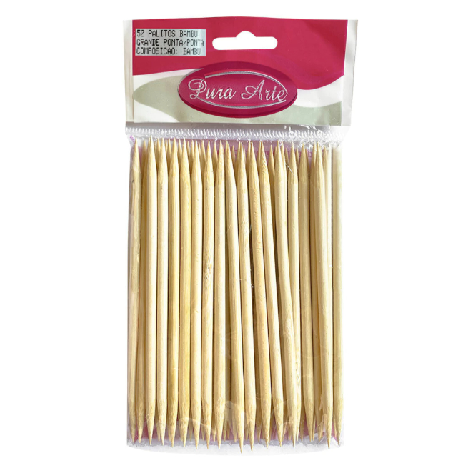 Palito de Unha Duas Pontas Pura Arte - Pacote com 50 Unidades | Madeira | Para Cutículas e Limpeza