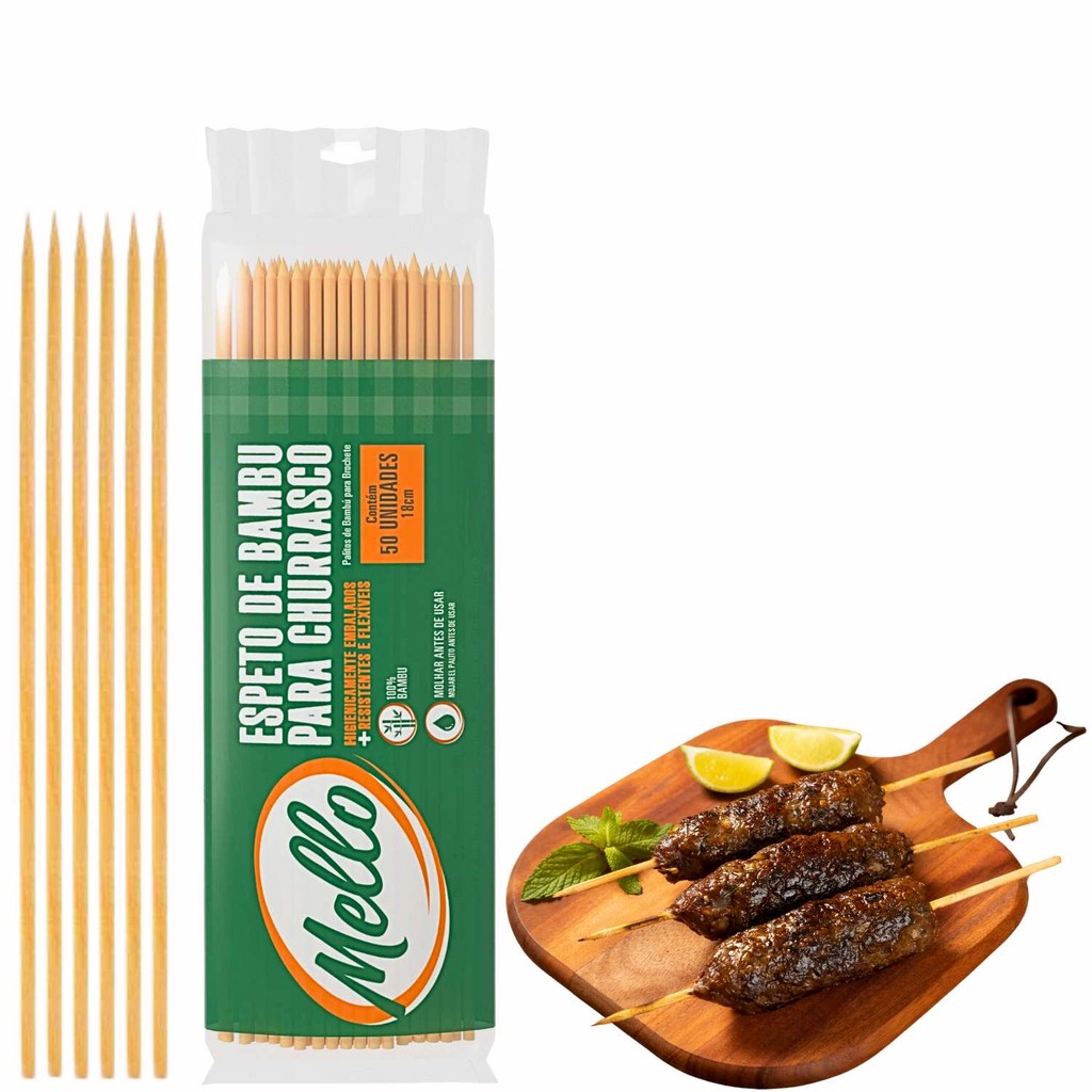 Espeto Palito De Bambu Mello 25cm Churrasco Comida Multiuso Pacote Com 50 Unidades