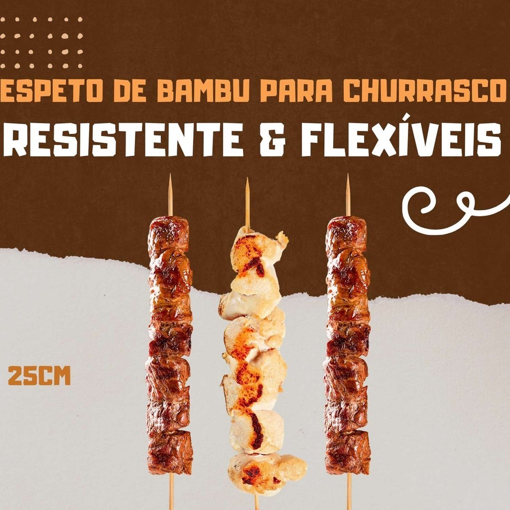 Espeto Palito De Bambu Churrasco Carne 25cm Multiuso Pacote 50 Unidades