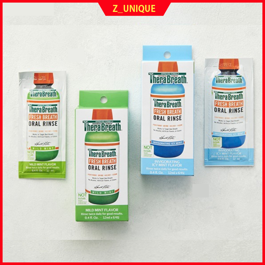 Pacote De Bolsa De Viagem TheraBreath Fresh Breath Oral Rinse (12ml X 6 Palitos , Total De 72ml) Menta Suave (Verde Clássico)/Gelada (Azul Refrescante)