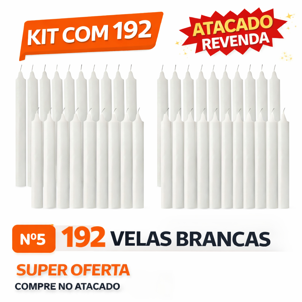 Atacado Revenda Caixa 192 Unidades Vela Palito Branca Numero 5 Parafina Pura- 24 Pacotes C/8Velas