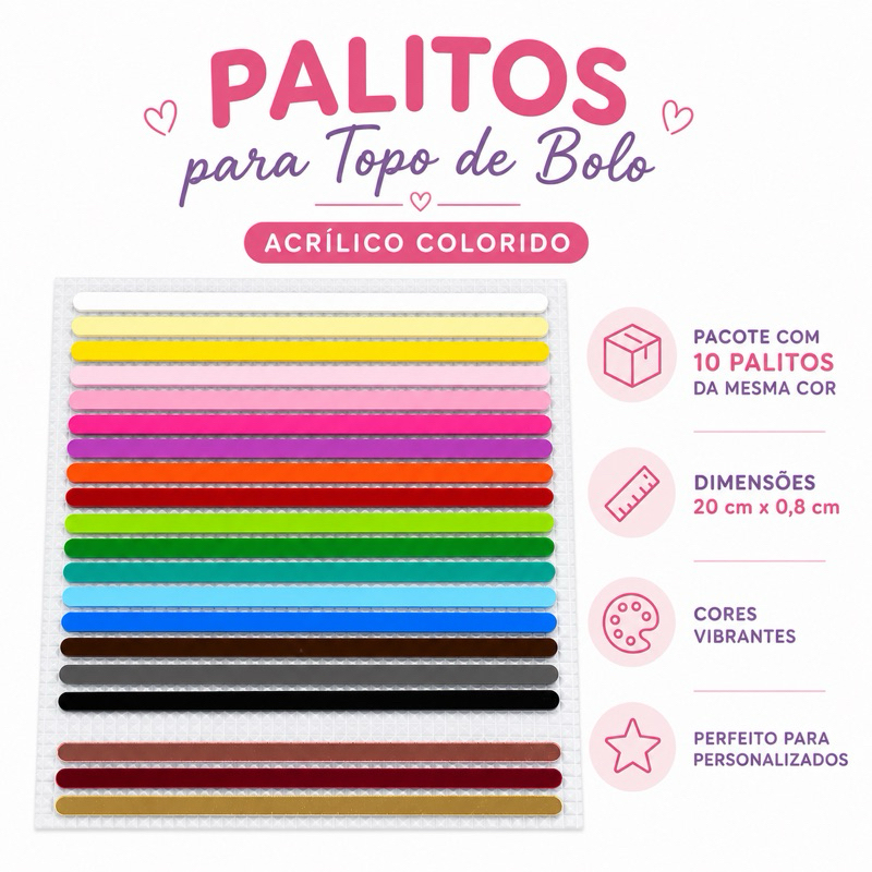 Palito de Acrílico para Topo de Bolo 20x0,8cm Colorido Pacote com 10 Unidades