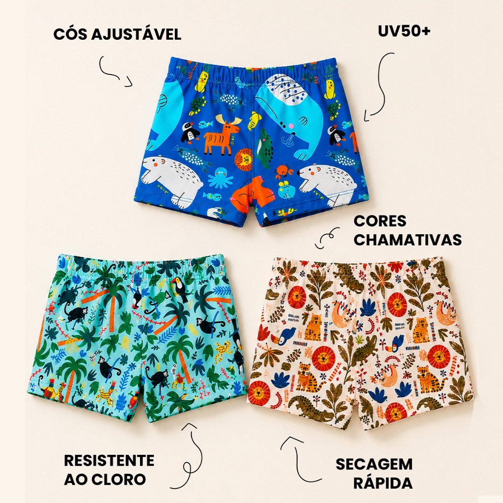 Kit 3 Sungas Boxer Infantil UV 50+ Estampada Menino Farofa.Br