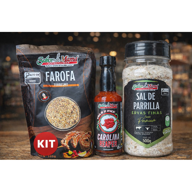 Kit Churrasco Sal de parrilla erva finas 500g Farofa Torresmo e Pimenta Carolina 60ml