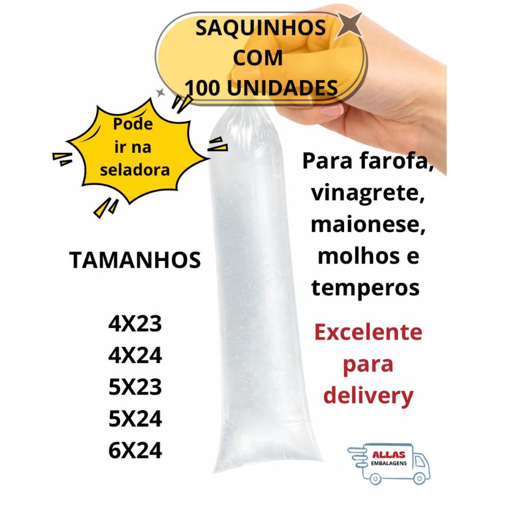 Saquinho para Delivery , molhos, farofa, vinagrete, talher. 100 un 4x23, 4x24, 5x23, 5x24 ou 6x24