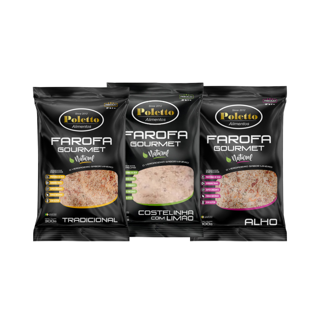 KIT 3 FAROFAS GORMET POLETTO 300G TRADICIONAL,ALHO ECOSTELINHA COM LIMÃO