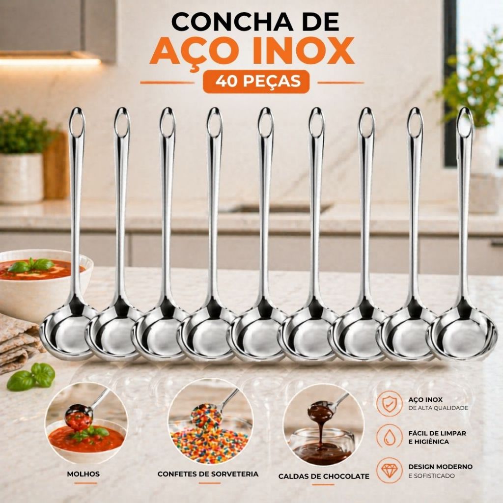 Kit 40/20 Mini Concha 16 Cm em Aço Inox Molho Farofa Calda Sorveteria Sobremesa