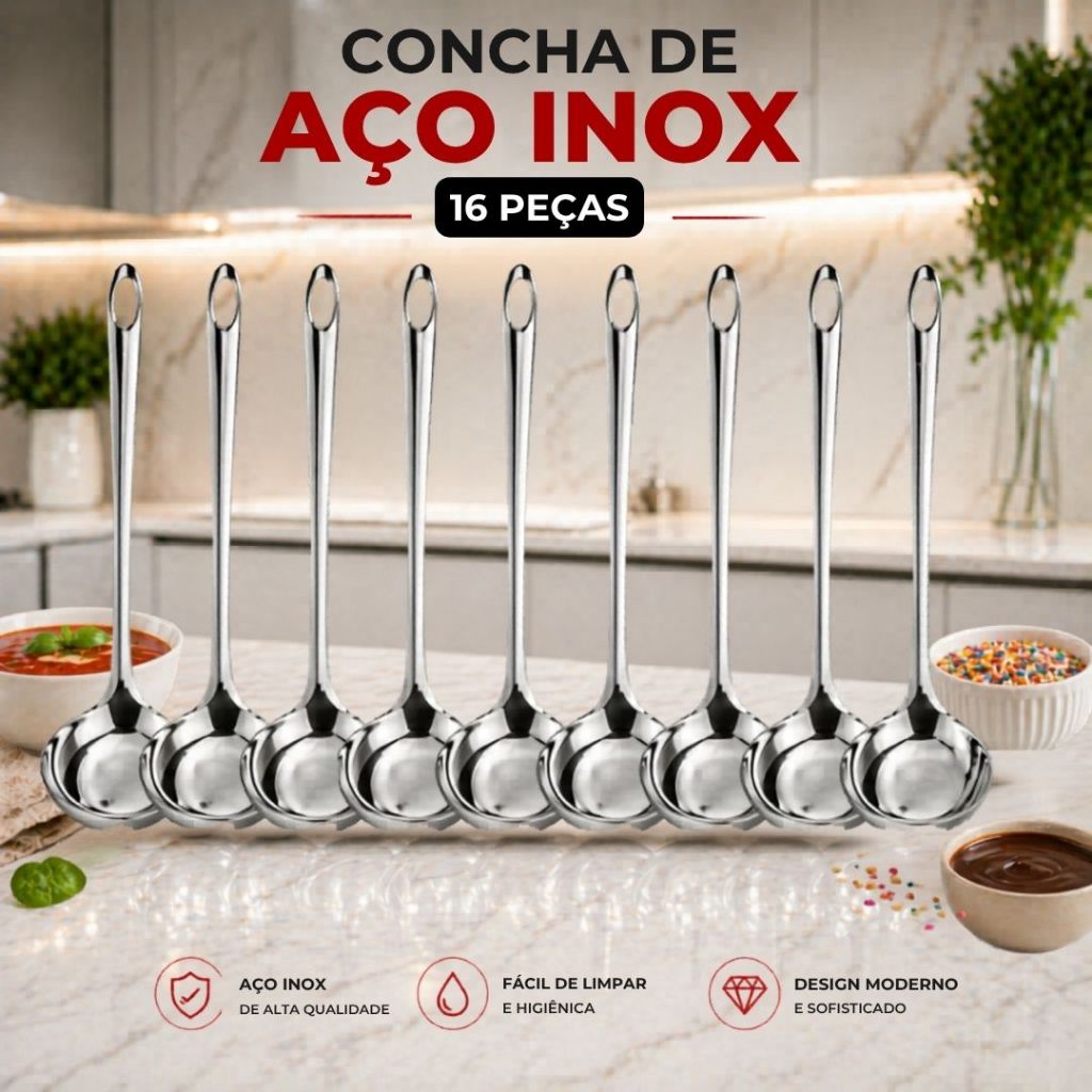 Kit 16 Peças Mini Concha em Aço Inox Molho Farofa Calda Sorveteria Sobremesa 16 Cm