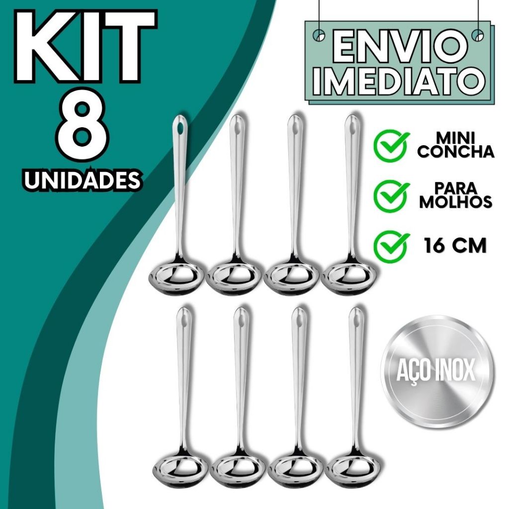 KIT Jogo 8 Mini Concha Pequena Aço Inox Polido Para Servir Molho Caldos Calda Farofa Vinagrete Utensílios de Metal