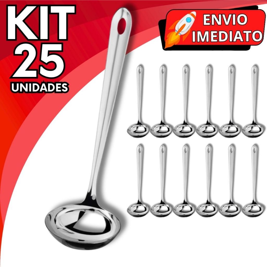 KIT Jogo 25 Mini Concha Pequena em Aço Inox Polido Resistente Para Servir Molho Caldos Caldinho Calda Farofa Vinagrete