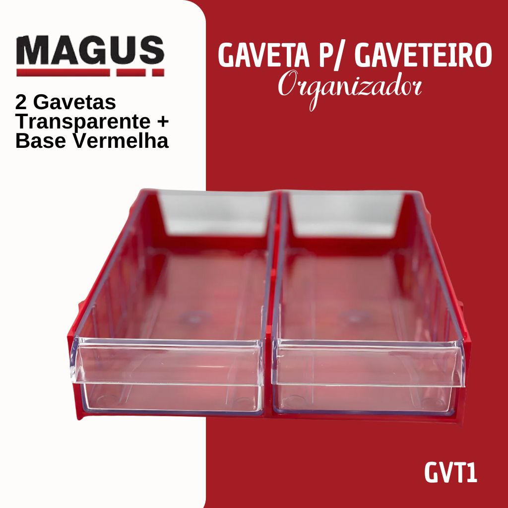 Gaveteiro Organizador Modular Avulso Magus 2 Gavetas Transparente Multiuso + Base Vermelha GVT!