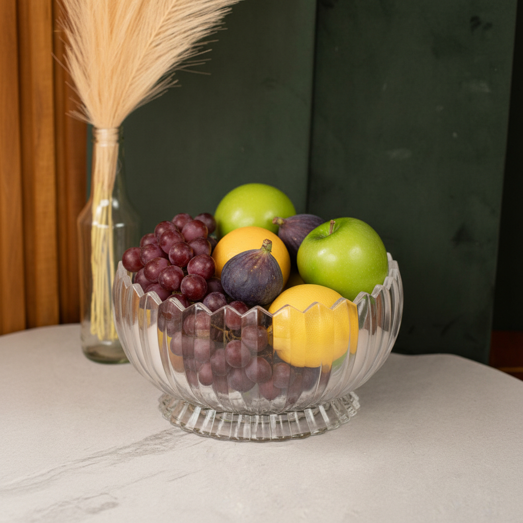 Fruteira De Cristal Canelado Redonda Com Base Transparente