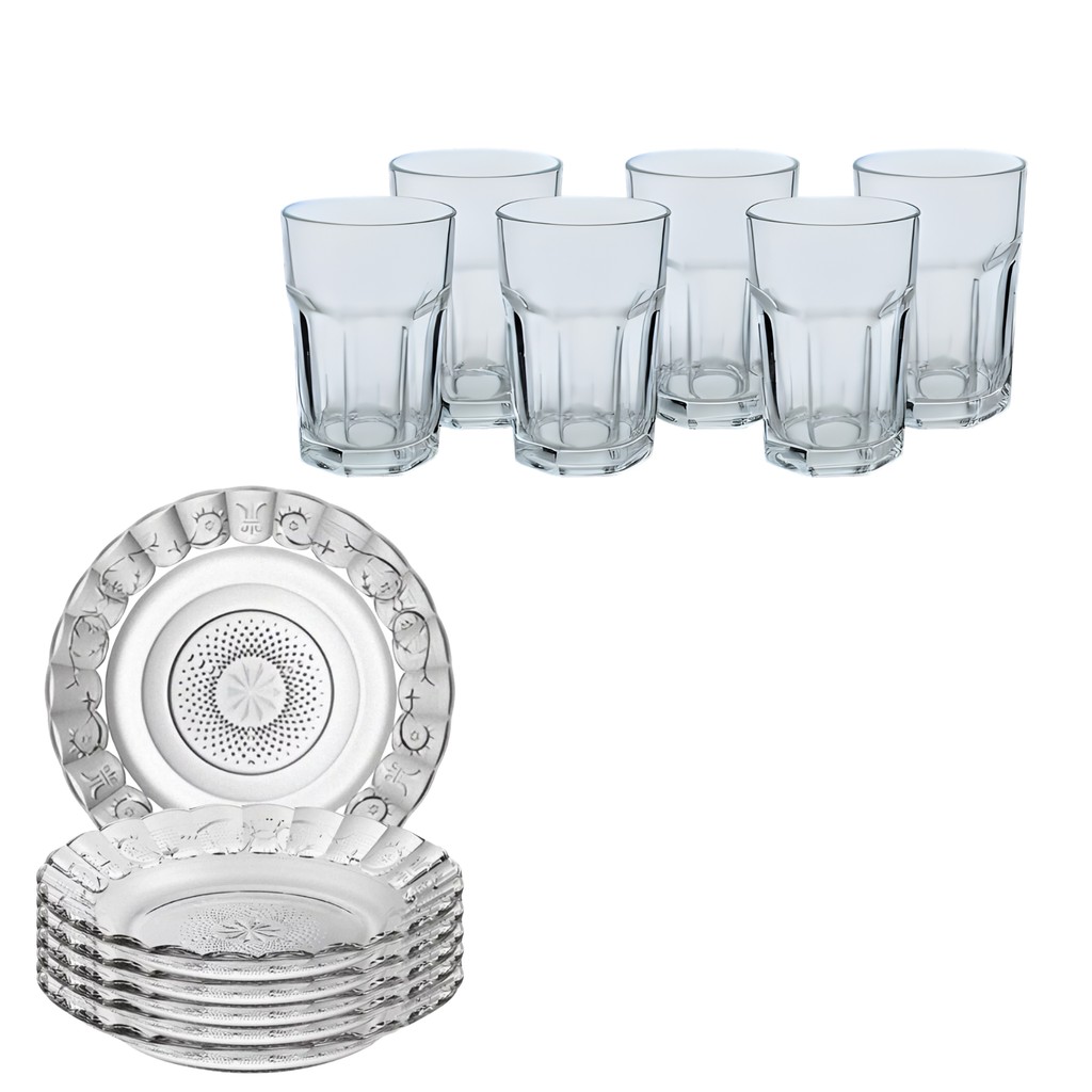 Jogo De Mesa 6 Pratos Vidro Estrela + 6 Copos Vitamina Design Sofisticado Versátil