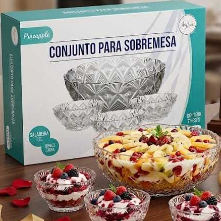 ​Conjunto de Sobremesa de Vidro Cristal 7 Peças Jogo de Taças e Saladeira Pineapple