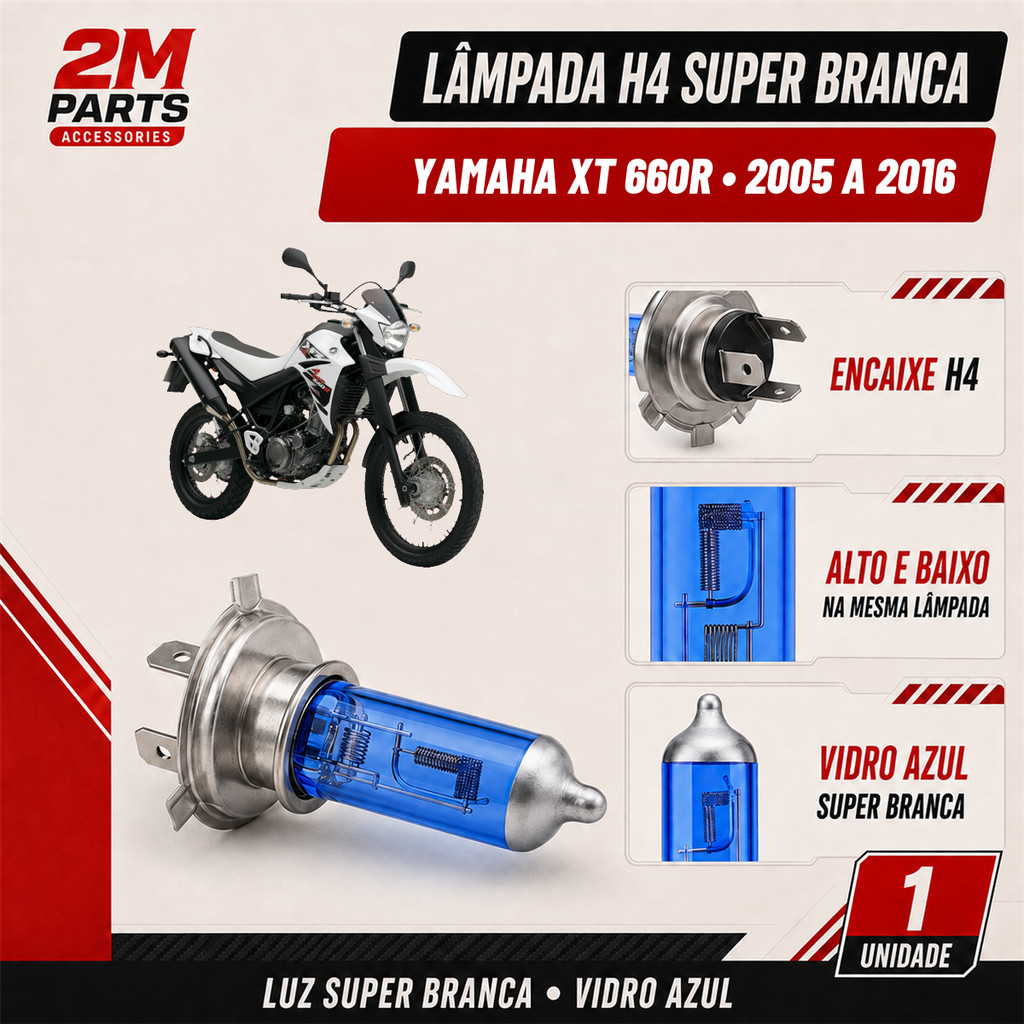 Lâmpada H4 Super Branca Farol Yamaha XT 660R 2005 2006 2007 2008 2009 2010 2011 2012 2013 2014 2015 2016 12V 60/55W