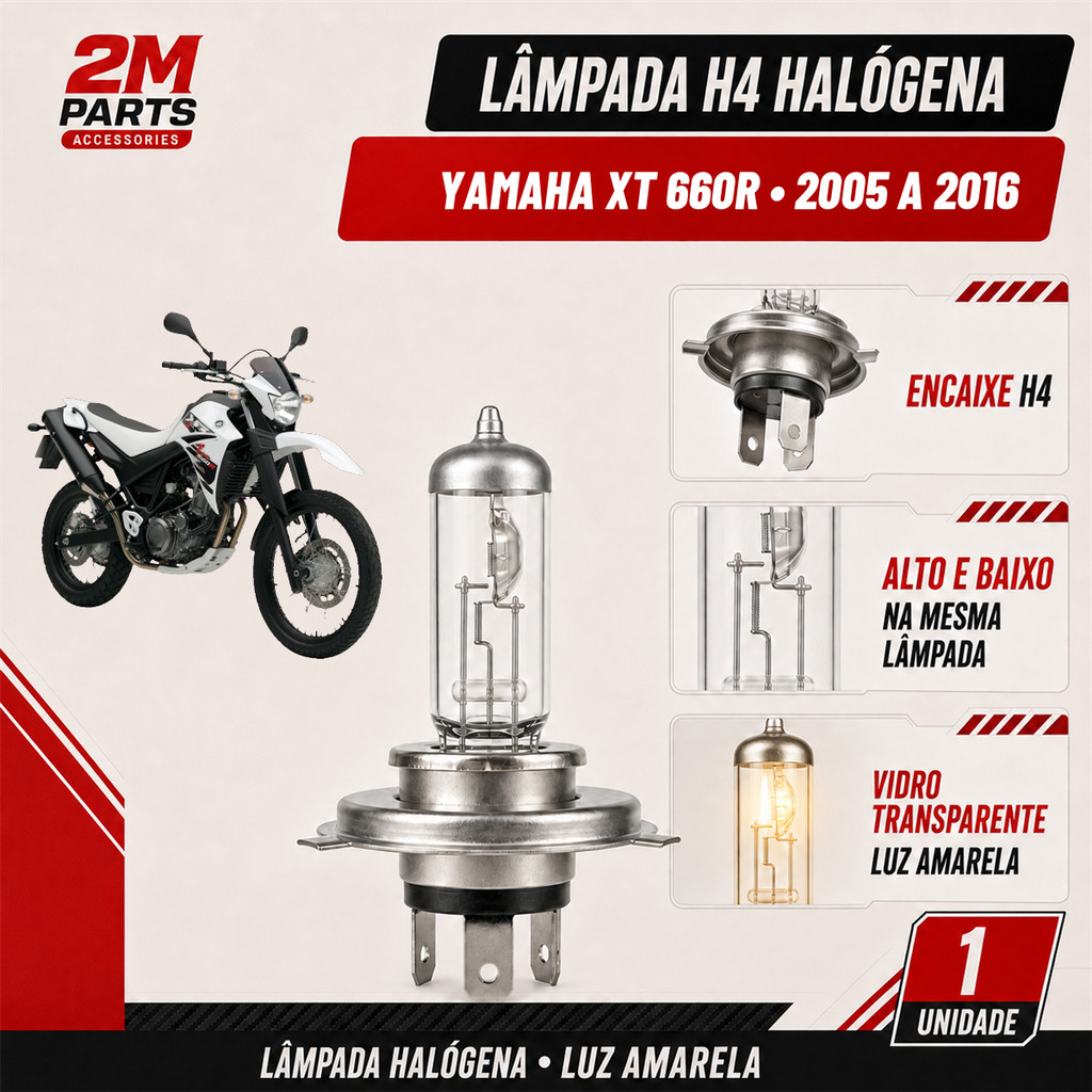 Lâmpada H4 Halógena Farol Yamaha XT 660R 2005 2006 2007 2008 2009 2010 2011 2012 2013 2014 2015 2016 12V 60/55W