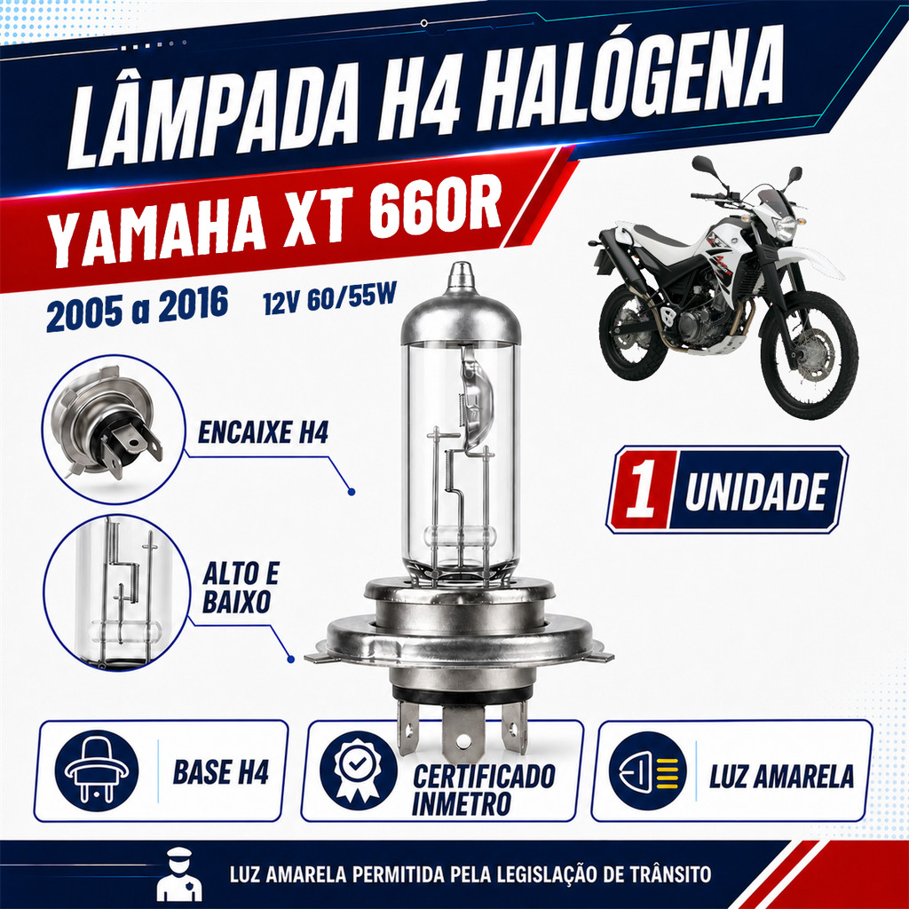 Lâmpada H4 Halógena Farol Yamaha XT 660R 2005 2006 2007 2008 2009 2010 2011 2012 2013 2014 2015 2016 12V 60/55W