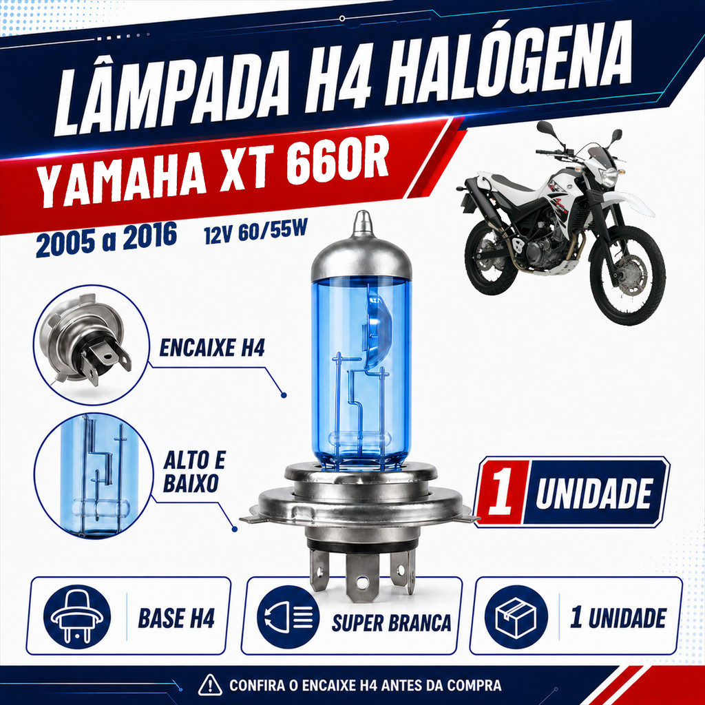 Lâmpada H4 Super Branca Farol Yamaha XT 660R 2005 2006 2007 2008 2009 2010 2011 2012 2013 2014 2015 2016 12V 60/55W