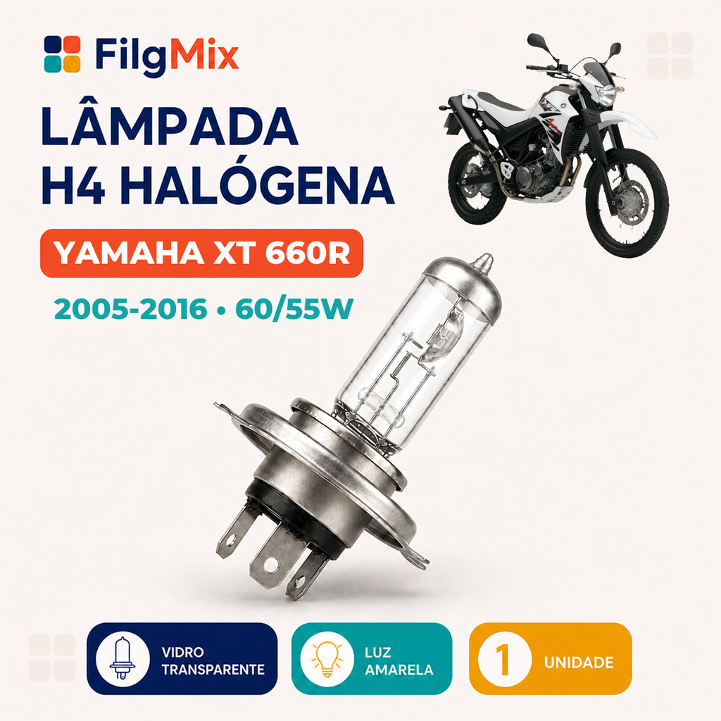 Lâmpada H4 Halógena Farol Yamaha XT 660R 2005 2006 2007 2008 2009 2010 2011 2012 2013 2014 2015 2016 12V 60/55W