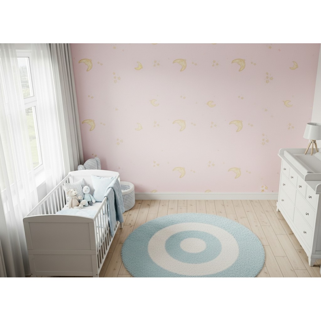 Papel de Parede Vinílico - Rosa Desenhos Infantis Bege - Importado - Rolo 10m x 53cm Alto Relevo Preço Atacado