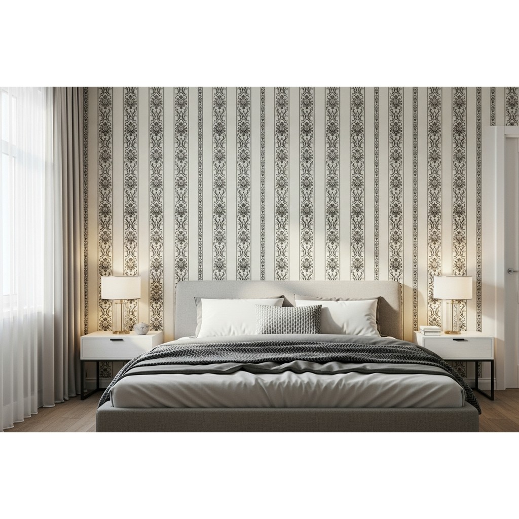 Papel de Parede Alto Relevo - Rolo 10m x 53cm - Creme Arabescos Prata e Preto Vinílico Importado Preço Atacado