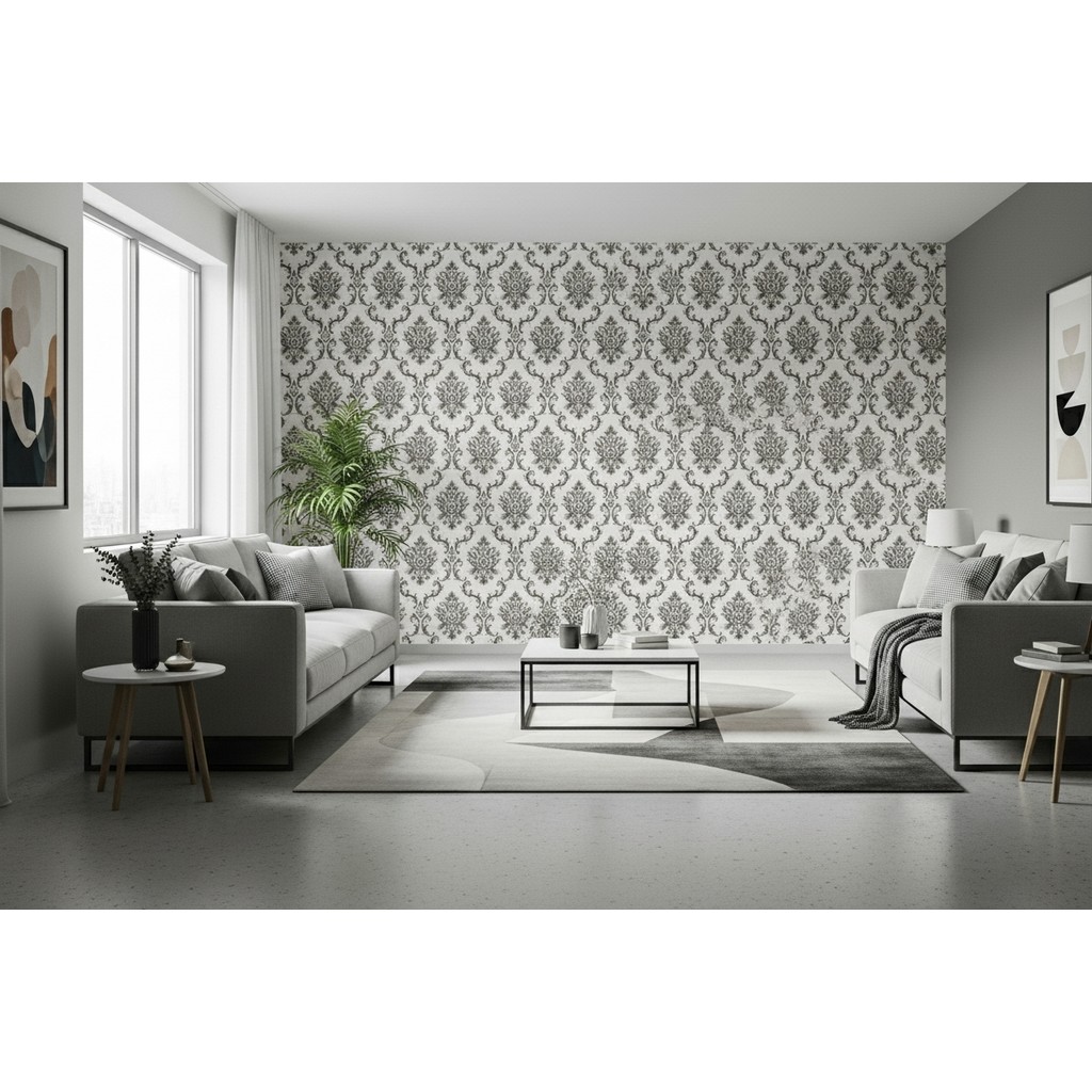 Papel de Parede - Rolo 10m x 53cm - Creme Arabescos Prata e Preto Vinílico Importado Alto Relevo Preço Atacado