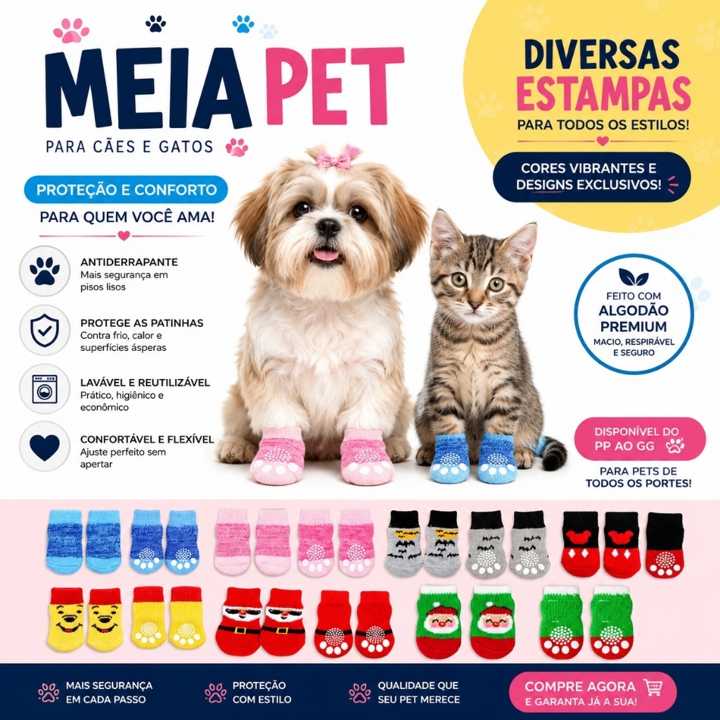 Meia para cachorro e gato - Meia roupa pet antiderrapante - Frio, calor - Premium - TAM PEQUENO