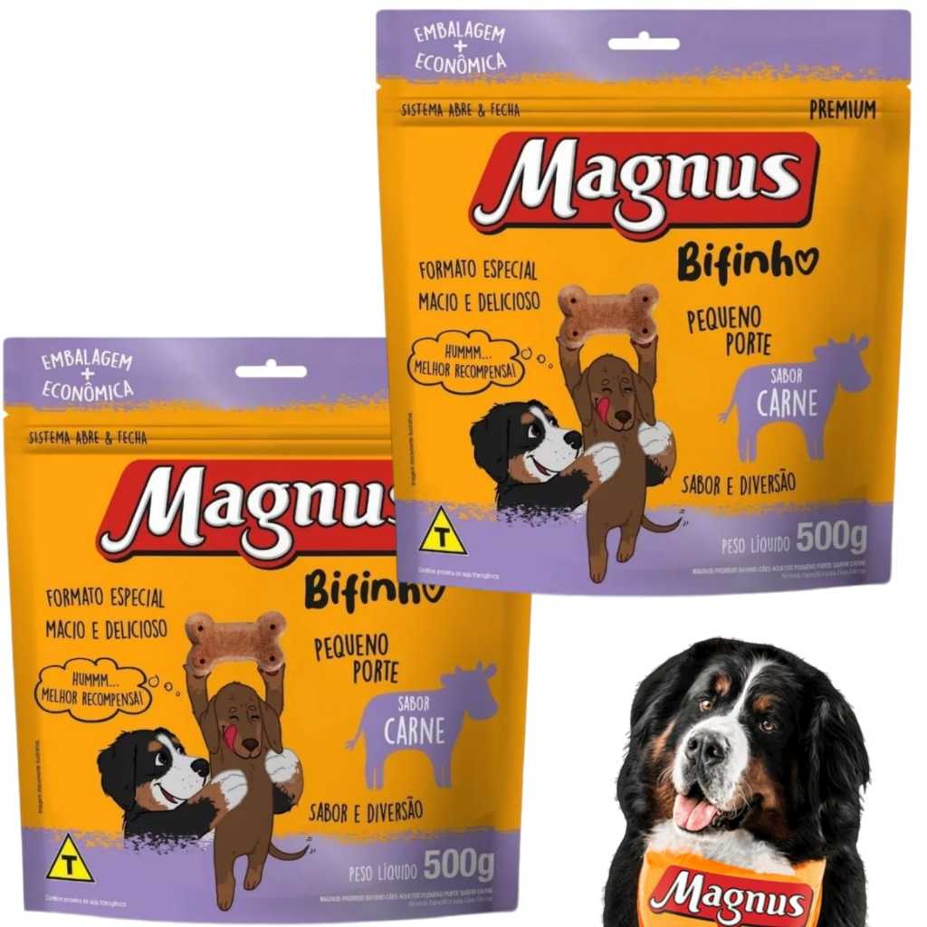 Bifinho Magnus 500g 2 Unidades Cães Cachorros Pet Adulto Sabor Carne Pequeno Porte Petisco Premium Dog