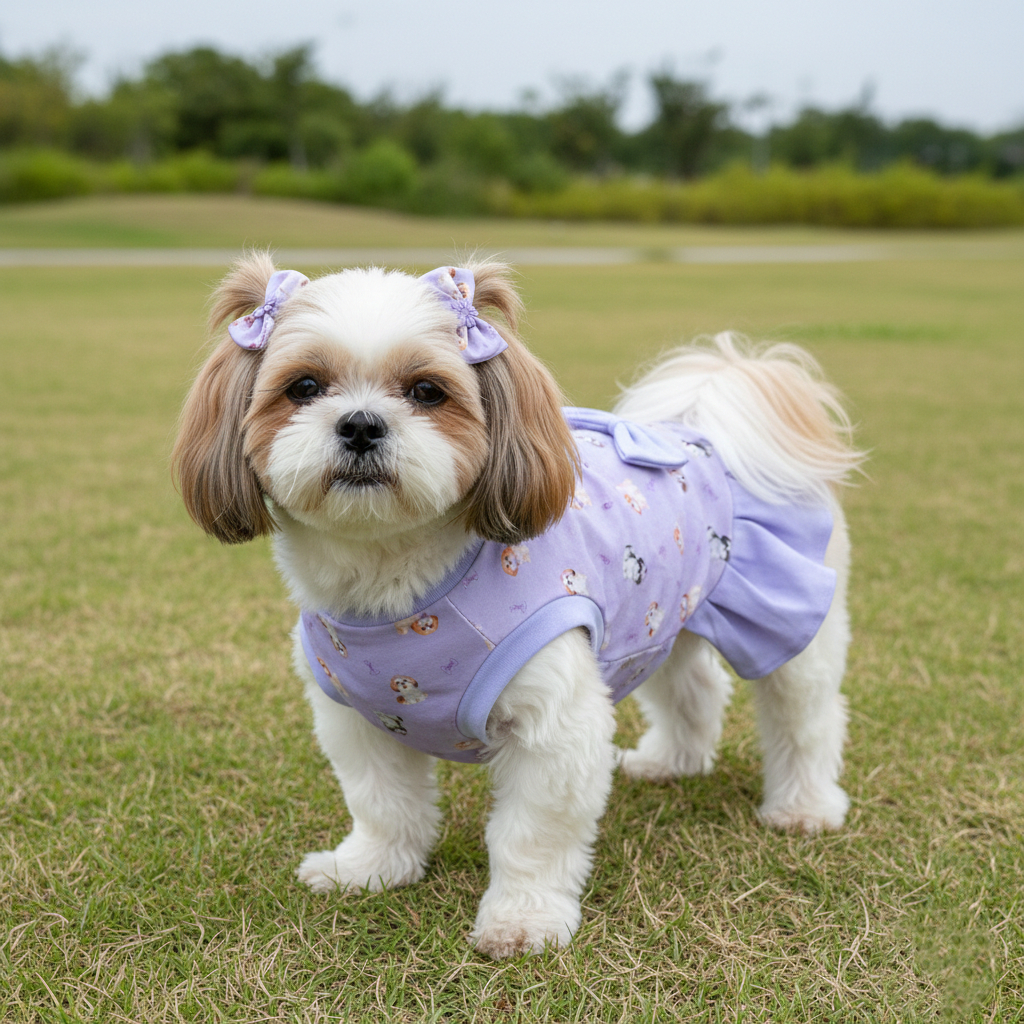 Roupa Para Cachorro Roxa Estampada com Laço e Babado Fêmea Cães Porte Pequeno Verão Premium