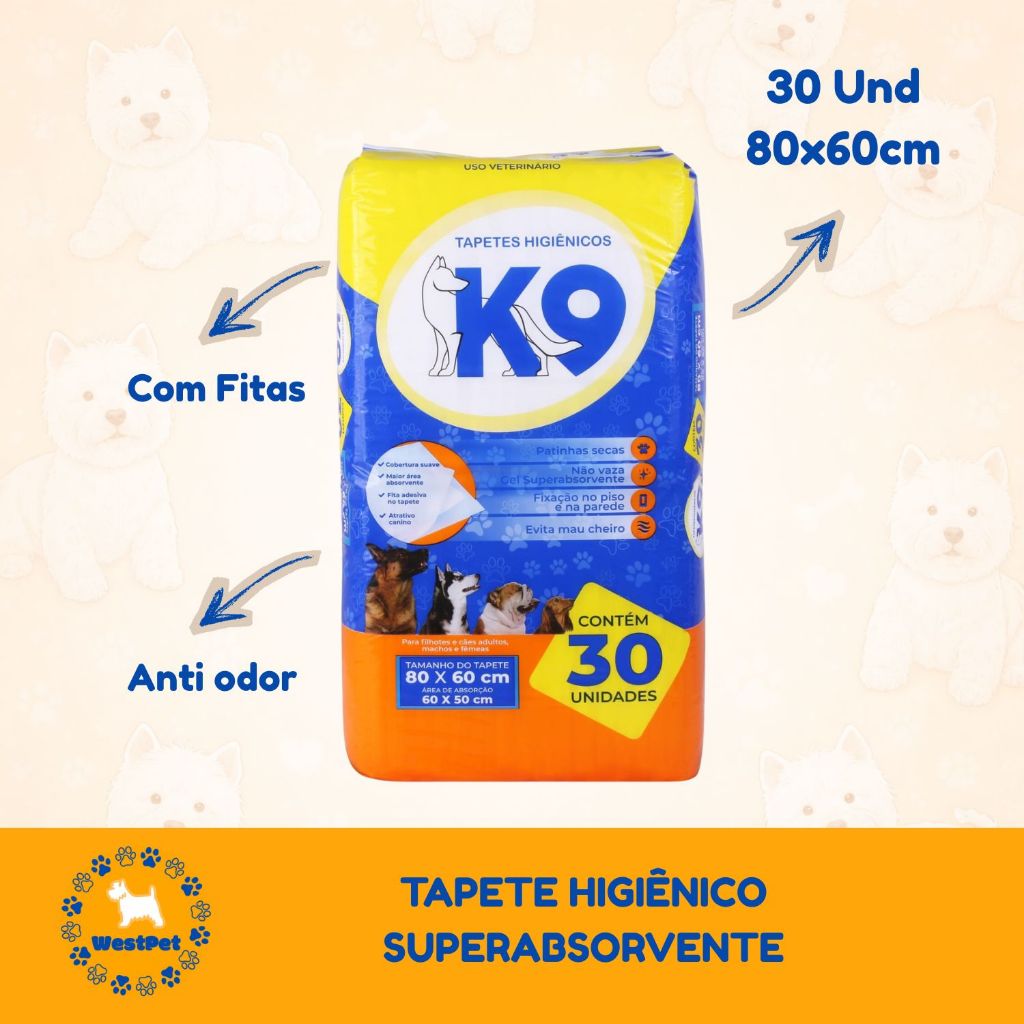 Tapete Higiênico Para Cachorro K9 Premium 80x60cm 30 Unidades Com Fitas Adesivas Anti Vazamento