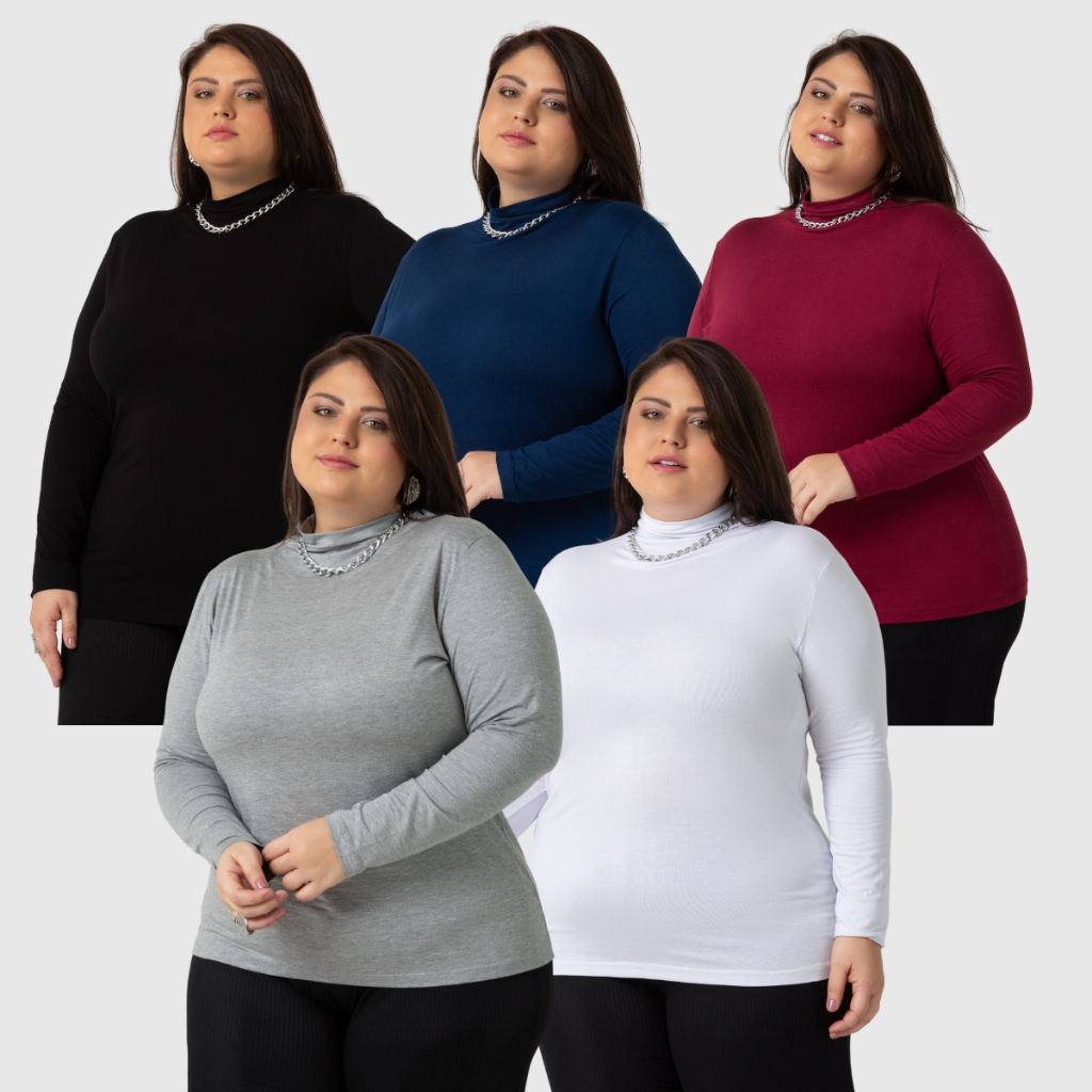 Kit 5 Blusas Cacharrel Moda Plus Size Feminina Gola Alta Elegante 1130-KIT5