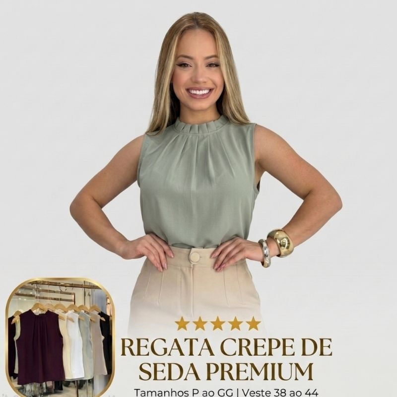 Blusa Regata Feminina Gola Alta Crepe De Seda Lisa Social Premium Moda Evangélica Executiva Elegante Sem Manga Cavada