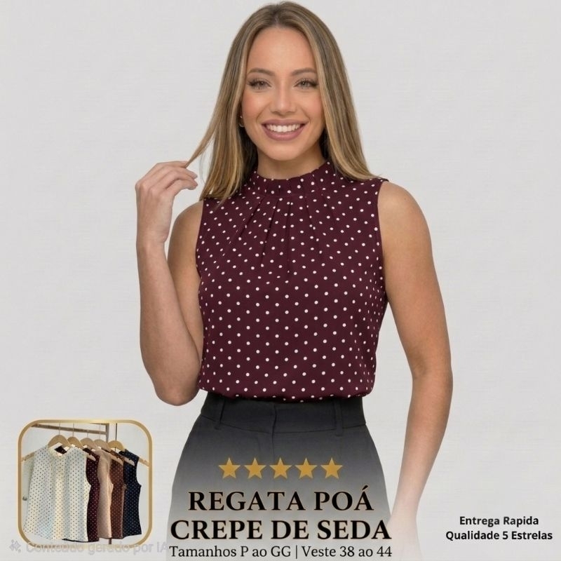 Blusa Regata Feminina Gola Alta Crepe De Seda Poá Social Premium Moda Evangélica Executiva Elegante Bolinhas Sem Manga