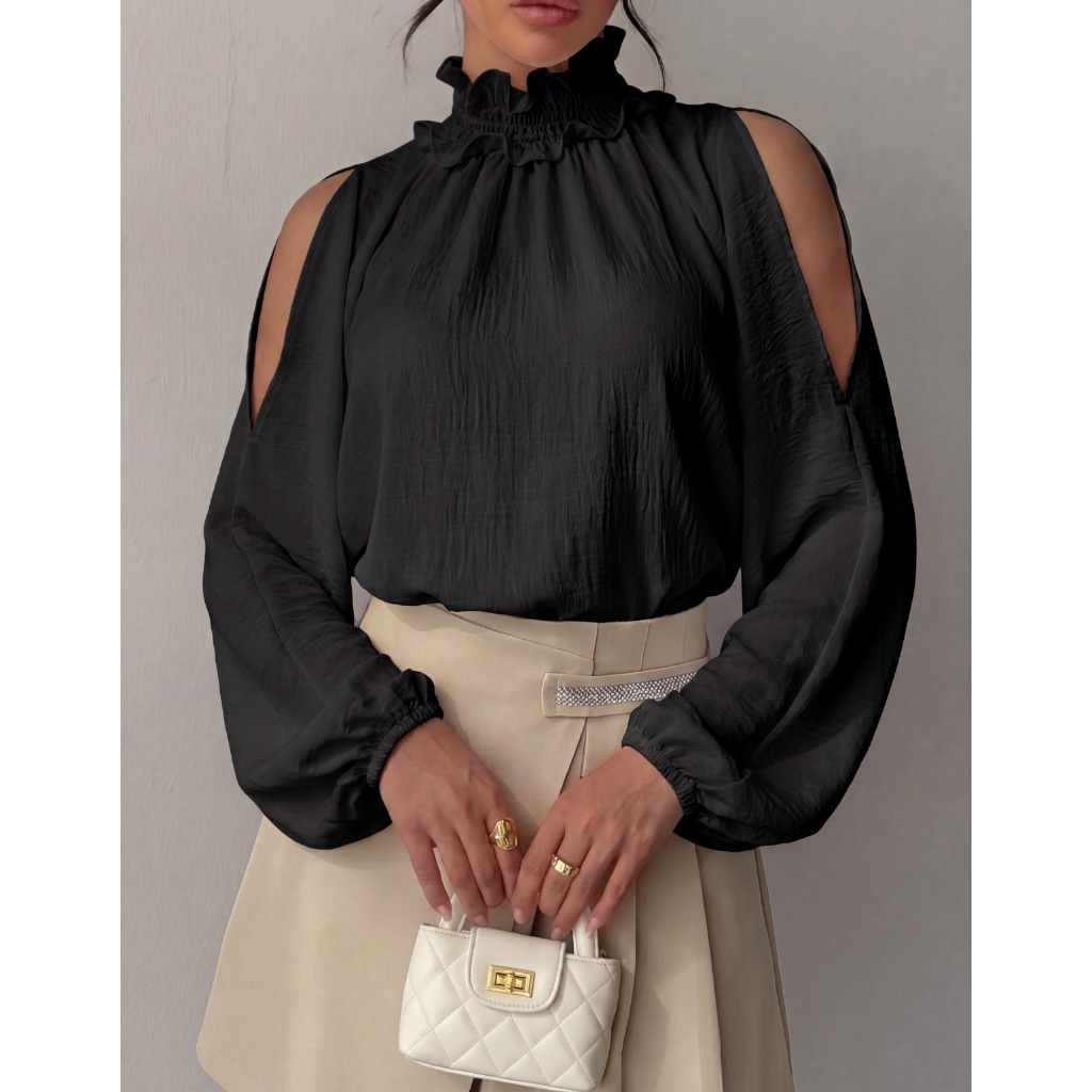 Blusa Feminina Bata Gola Alta Manga Longa Bufante Ombro Vazado Elegante Moda