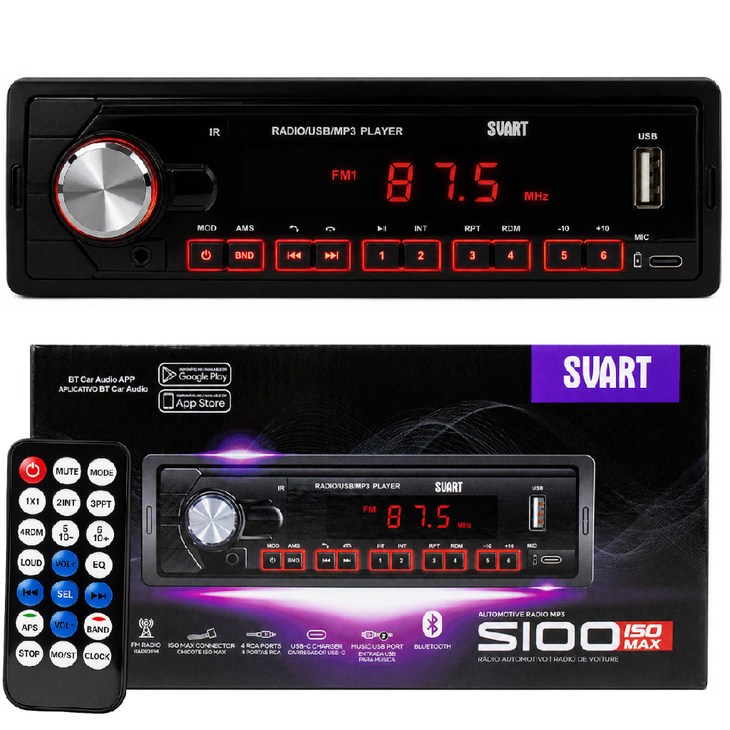 Rádio Automotivo Bluetooth S100 Iso Max Svart