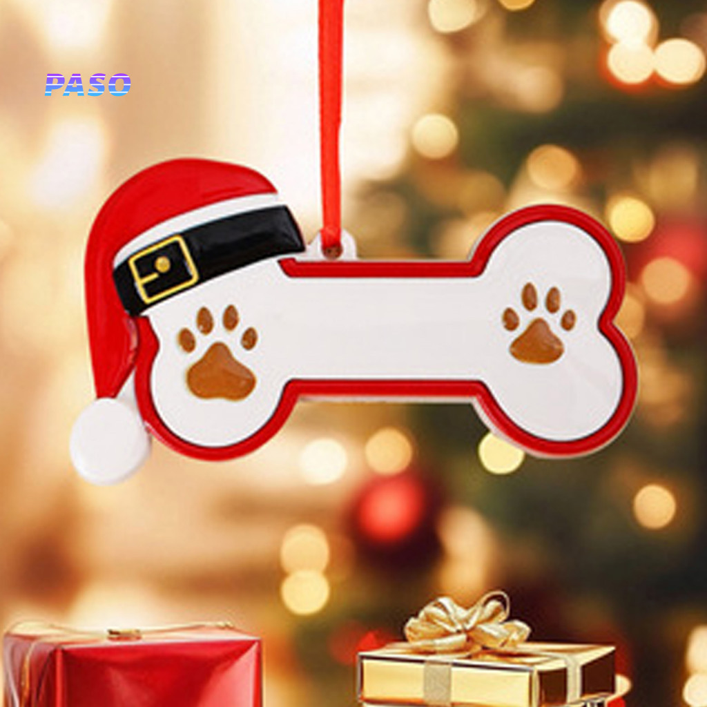 Cute Pet Portrait Hanging Decor Personalized Christmas Ornament Resin Cat Paw Bone Shape with Santa Hat – Xmas Tree fo