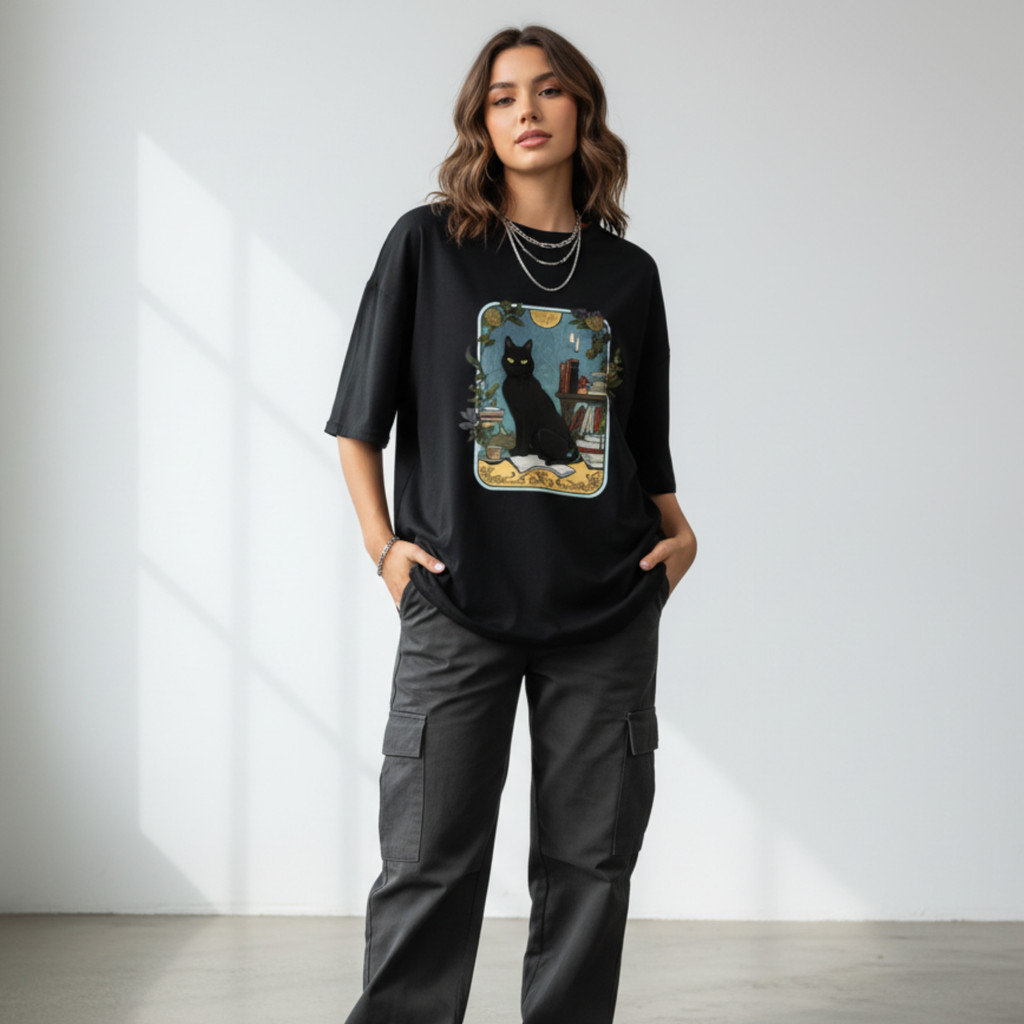 Camiseta Básica Cute Black Cat Portrait Camisa 100% Algodão