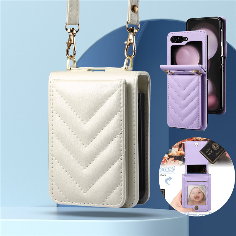 Adequado para samsung flip6 capa de telefone samsung z flip 5 capa Crossbody titular do cartão zflip4 capa de couro dobr