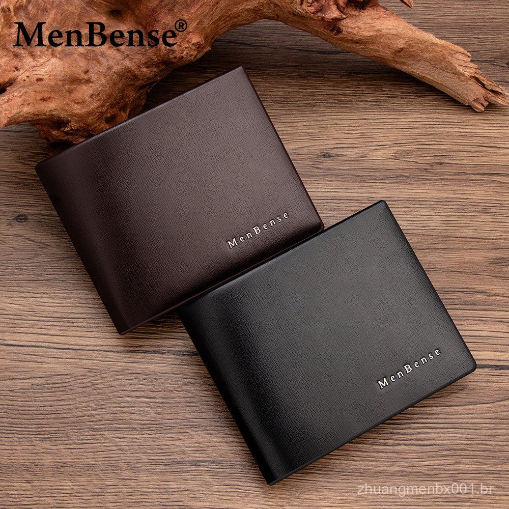 Carteira masculina horizontal de negócios com textura de couro genuíno, carteira curta de couro, carteira masculina dobr