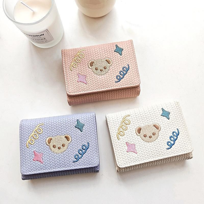 Decorador Bonito Dos Desenhos Animados Urso Estrela Bordado Carteira Curta Couro Do Plutônio Grande Capacidade Três Dobr