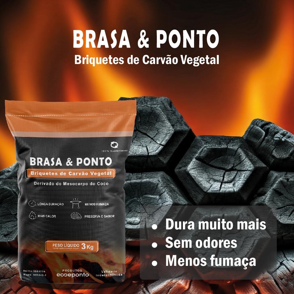 Carvão Brasa & Ponto 3kg Vegetal Casca de Coco Churrasco Premium Gourmet Alta Temperatura
