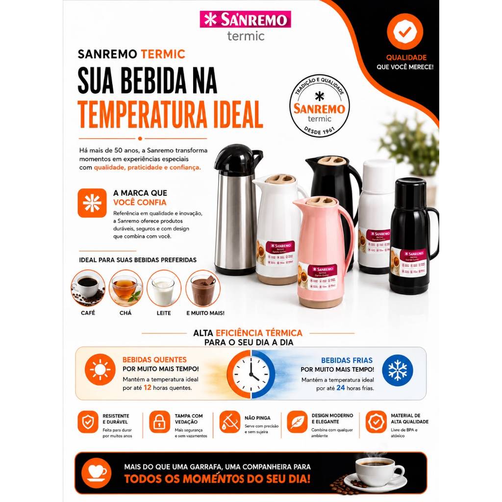 Garrafa Térmica Sanremo Termic 700ml 1L | Café, Chá e Bebidas Quentes | Conserva Temperatura