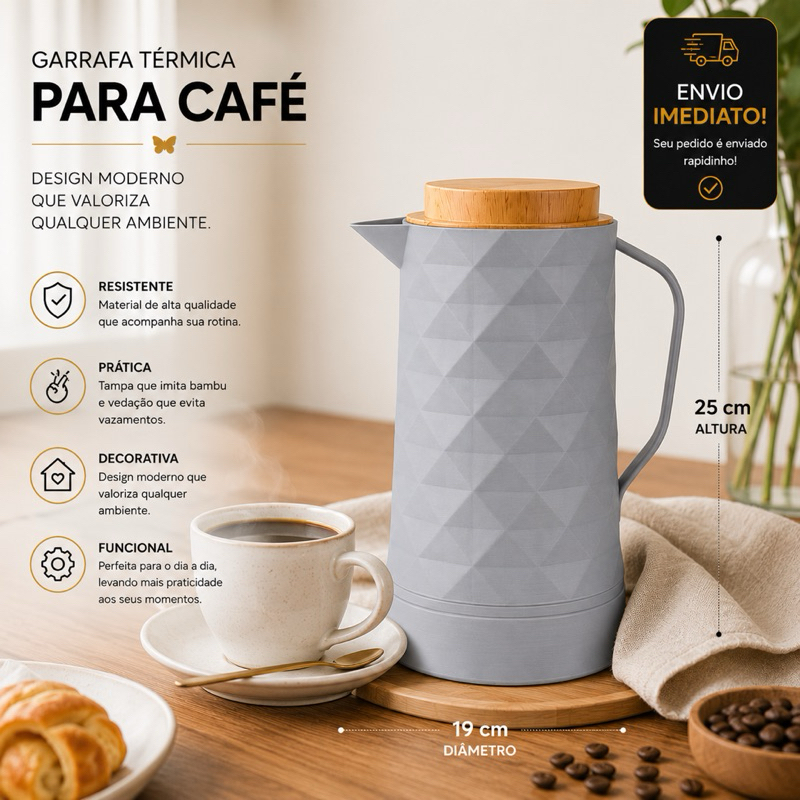 Garrafa Térmica Café Verona Preta ou Cinza  1L Garrafa Termica Café Plastica Tampa Plástica Bambu