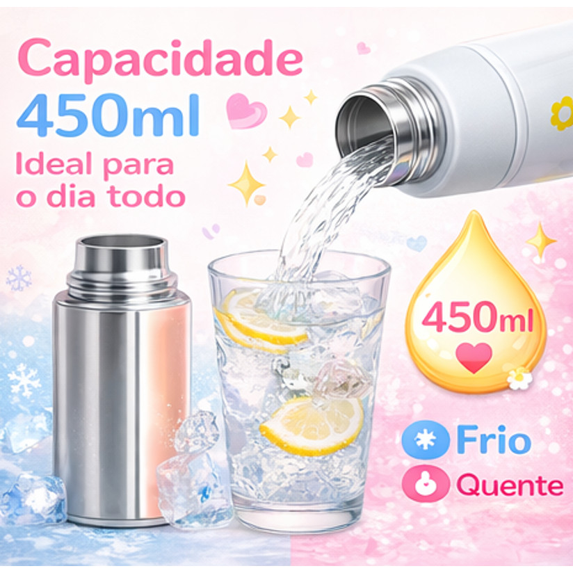 Garrafa Térmica 450ml Flor  com Chaveiro  – Charme, Estilo e Bebida na Temperatura Certa!