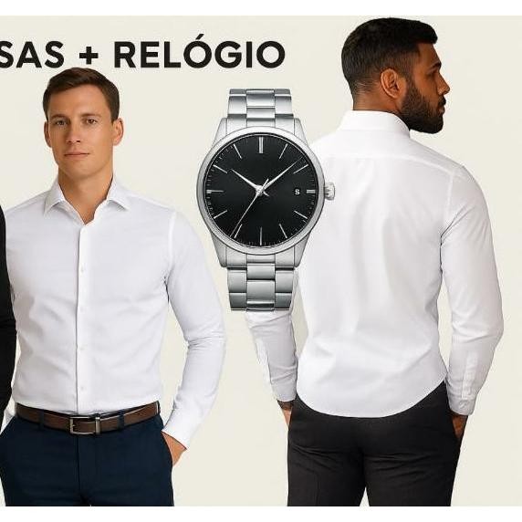 Kit Dia Dos Pais 1 Camisa Social Manga Longa + Relógio ( modelo aleatório)